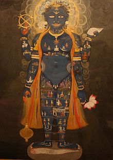 lord Višnu drží na ukazováčku pravé ruky čakru symbolicky znázorňující čakru sudaršana.  