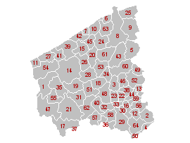 Kaart van de gemeenten in West-Vlaanderen (namen staan in de volgende tabel)