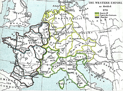 Królestwo Karola przetrwało swojego założyciela i obejmowało znaczną część Europy Zachodniej od 795 r. do 843 r., kiedy to na mocy traktatu zostało podzielone między jego wnuków: Franków Środkowych rządzonych przez Lothaira I (kolor zielony), Franków Wschodnich rządzonych przez Ludwika Niemieckiego (kolor żółty), a Karol Łysy przewodził Frankom Zachodnim (kolor fioletowy).