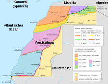 Depicted in six colors: Gradual securing of the Western Sahara occupation zone by Morocco in the 1980s. In addition, in light yellow: territory of the Polisario
