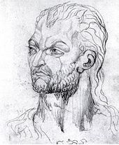 Eine Zeichnung von Owain Glyndŵr, als er von William Blake während einer Vision gesehen wurde. Diese Zeichnung ist Teil einer Gruppe von anderen Zeichnungen, die Visionäre Köpfe genannt werden.