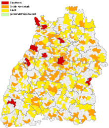 Municipalities in Baden-Württemberg by class: city districts (red), large district towns (orange), cities (yellow)