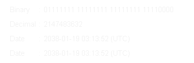 Animação mostrando como a data seria redefinida, representada como um inteiro de 32 bits assinado (às 03:14:08 UTC de 19 de janeiro de 2038).