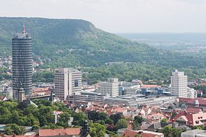 Jena city centre with the Jentower and the high-rise buildings Bau 59, Bau 15 and Bau 36