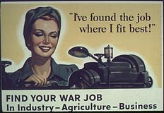Um cartaz da Segunda Guerra Mundial dos Estados Unidos mostra uma mulher que está satisfeita com seu trabalho.