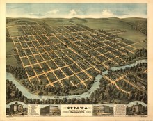 Ottawan panoraamakartta vuodelta 1872, jossa on kuvia Union Schoolista, Ludingtonin talosta, C.W Hamblinsin korttelista ja Ottawan yliopiston rakennuksesta.  