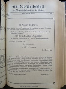 Announcement of the appointment of Dorpmüller as President of the Reichsbahn-Gesellschaft