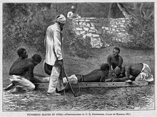 Zwarte slaven in Cuba worden gemarteld in de 19e eeuw.  